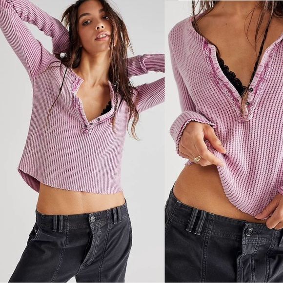Free People FP One Colt Thermal in Bubble Tea Lavender Henley Plunge Grunge XS - Picture 1 of 17